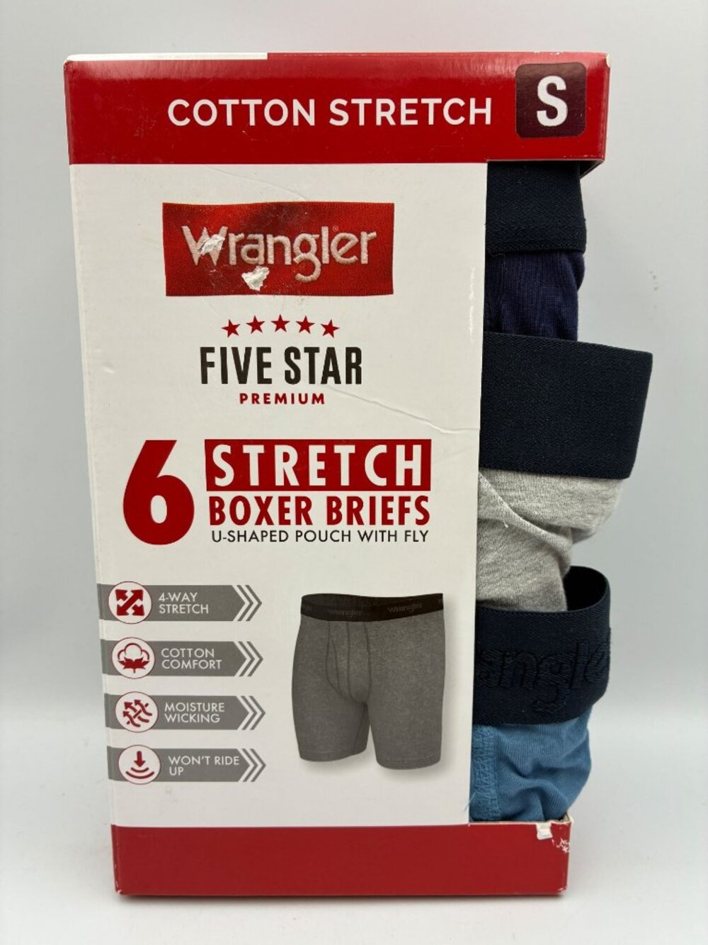 Wrangler Mens Cotton Stretch Boxer Briefs S 6-Pack Moisture Wicking Comfort Fit